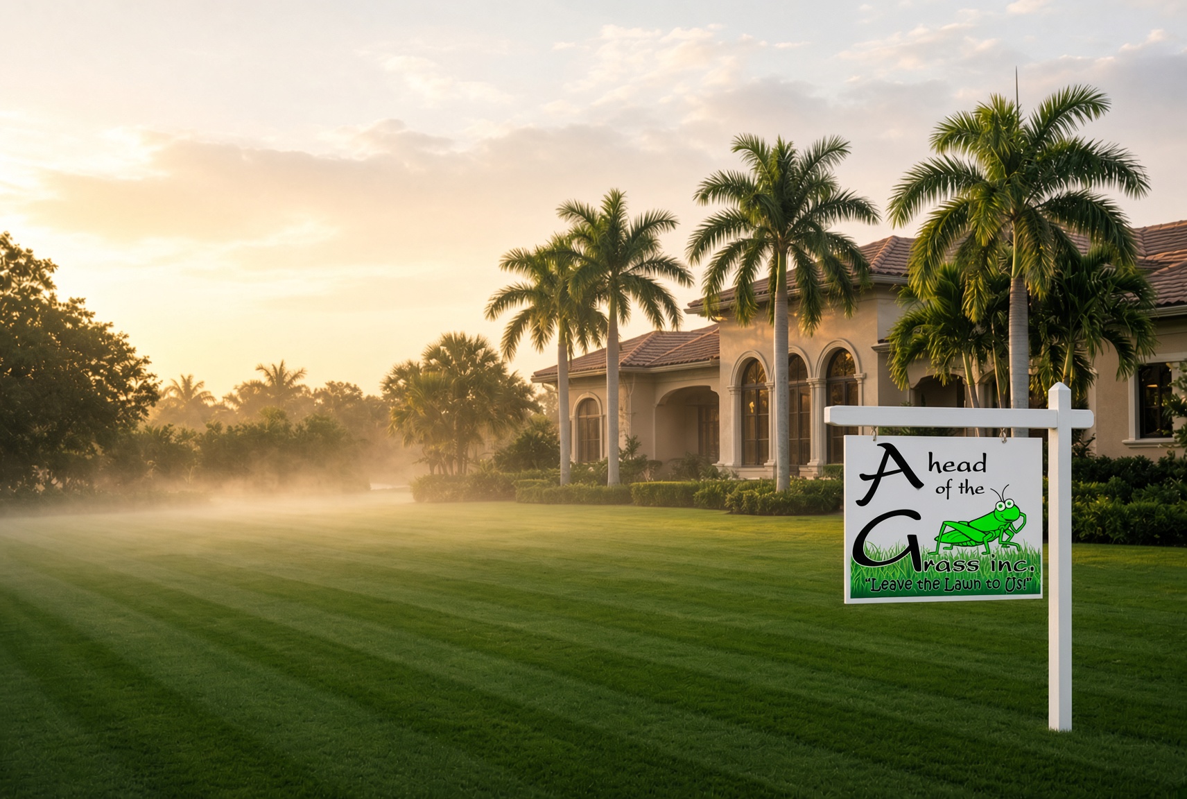 Sunrise lawn with the official Ahead of the Grass logo sign and no equipment