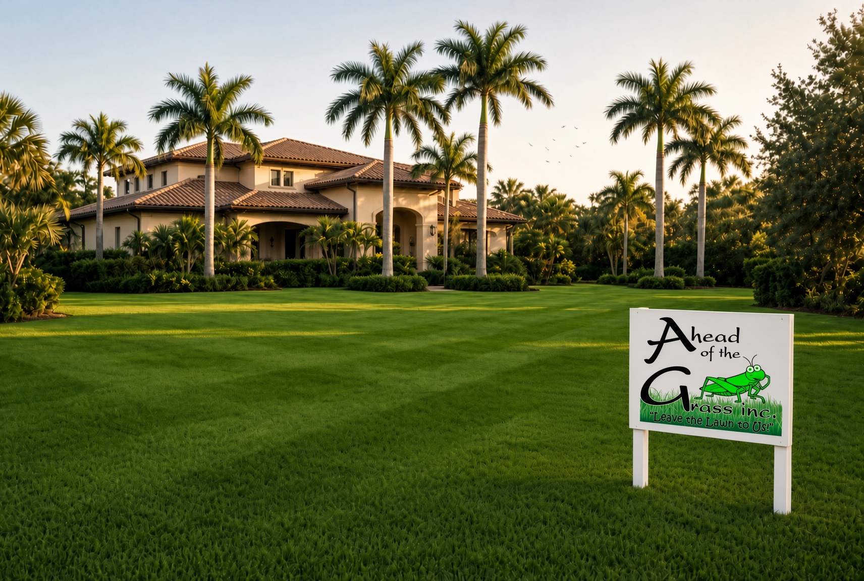 Pristine Villages lawn with the official Ahead of the Grass logo on a quiet yard sign
